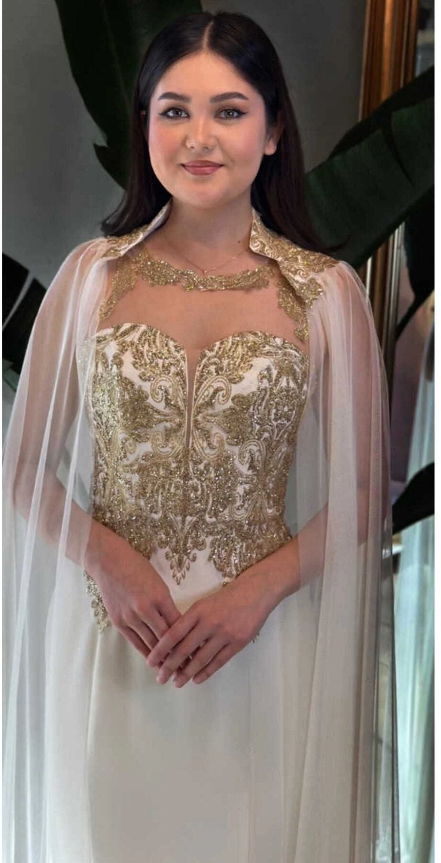 Trouwjurk galajurk avondjurk abiye wit goud cape grote maat, Overige typen, Wit, Maat 42/44 (L), Ophalen of Verzenden