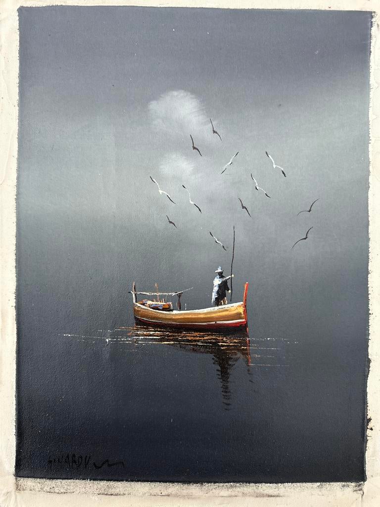 Een surrealistisch tafereel: een vissersboot midden op zee, Antiek en Kunst, Ophalen of Verzenden