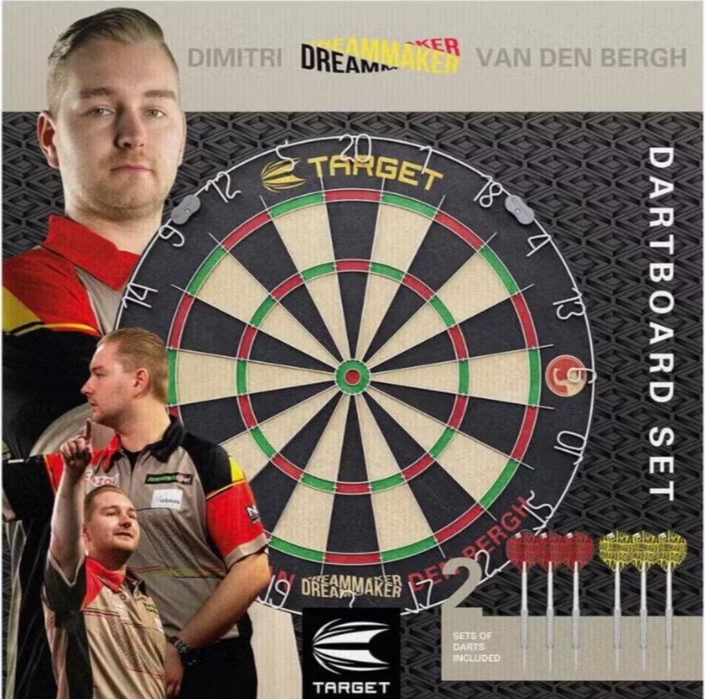 Nieuwe Target Dimitri van den Bergh dartbord 6 dartpijlen, Sport en Fitness, Darts, Ophalen of Verzenden, Nieuw, Dartbord
