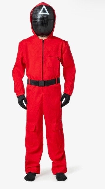 Squid Game Guard Kostuum Kinderen - Rood Overall & Masker, Ophalen of Verzenden, Zo goed als nieuw, 134 t/m 140, Jongen of Meisje
