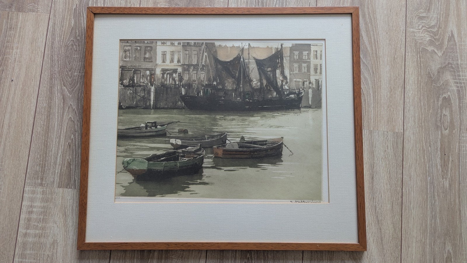 Oude haven met vissersboten - Ets, Ophalen of Verzenden, Dagelijks leven, Ingelijst