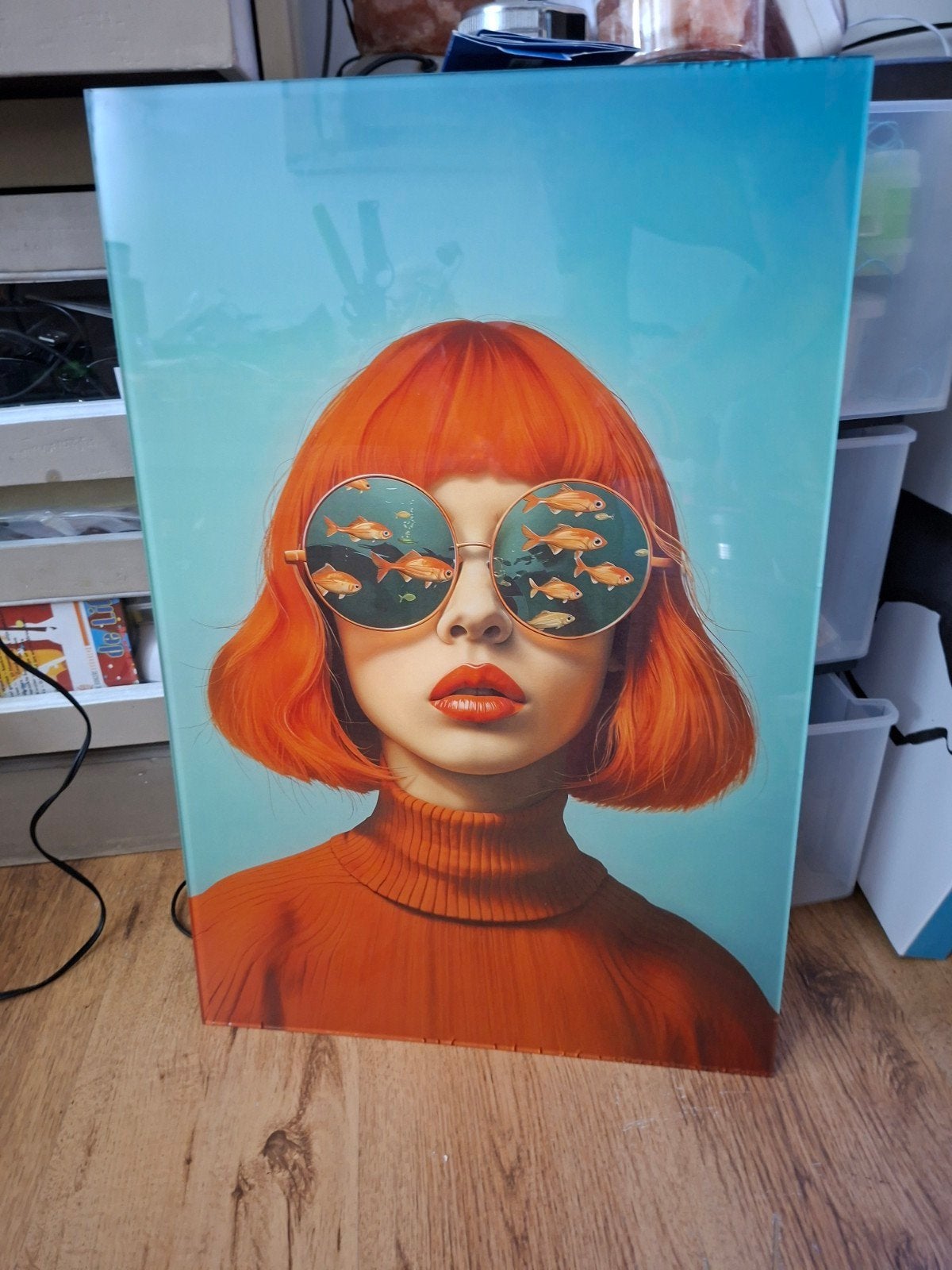 Plexiglas Wanddecoratie: Vrouw met Goudvis Bril, Ophalen, 40 cm, Schilderij, Zo goed als nieuw