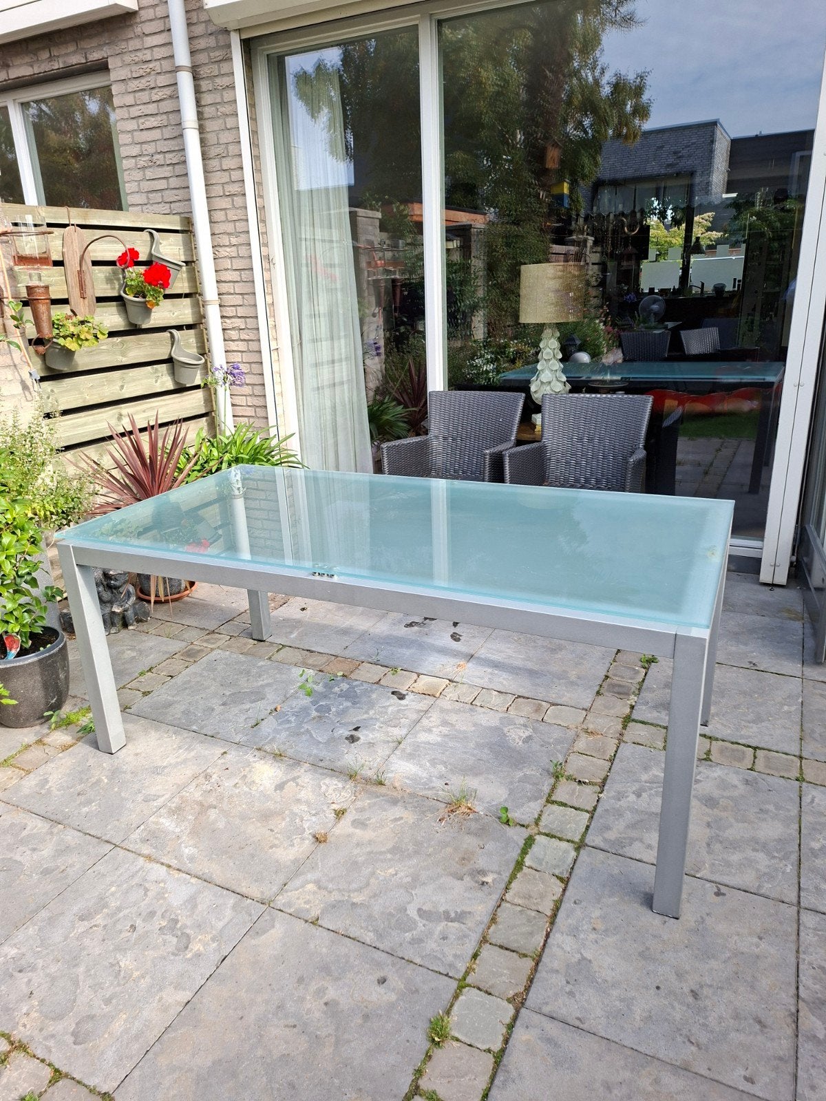 Tuintafel aluminium met melkglas 180x90 cm, Tuin en Terras, Ophalen, Gebruikt, Rechthoekig, Aluminium