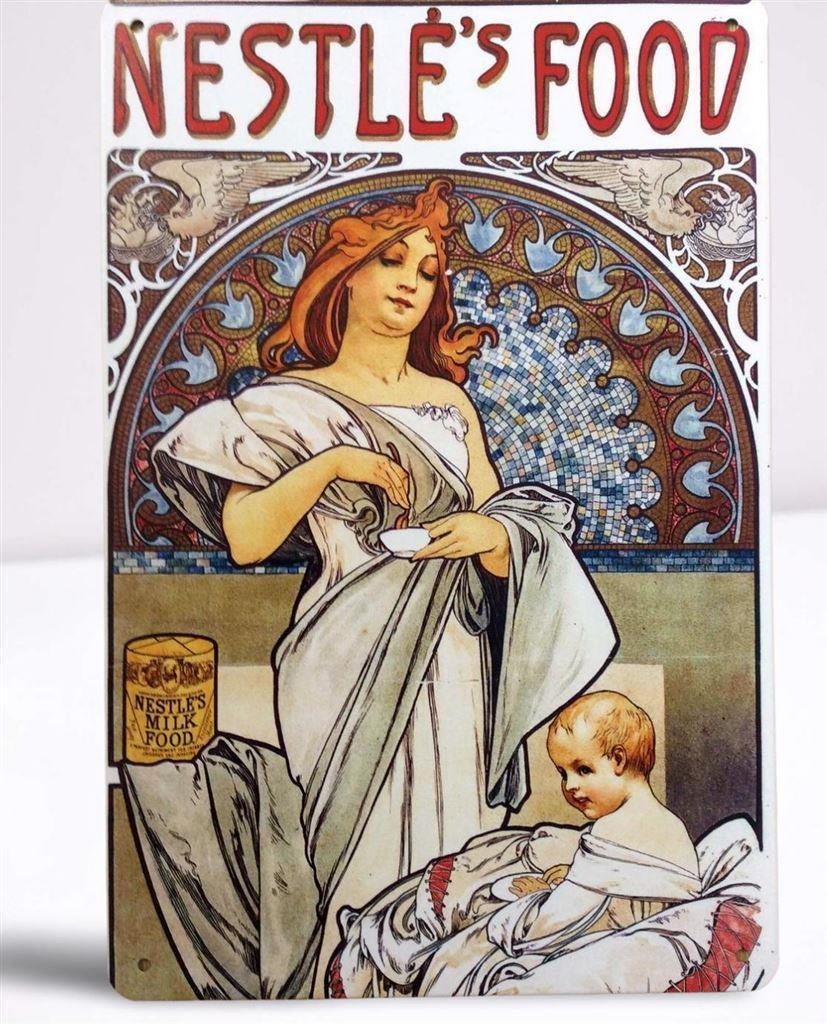 ALPHONSE MUCHA NESTLE Jugendstil Metalen Wandbord poster, Antiek en Kunst, Verzenden