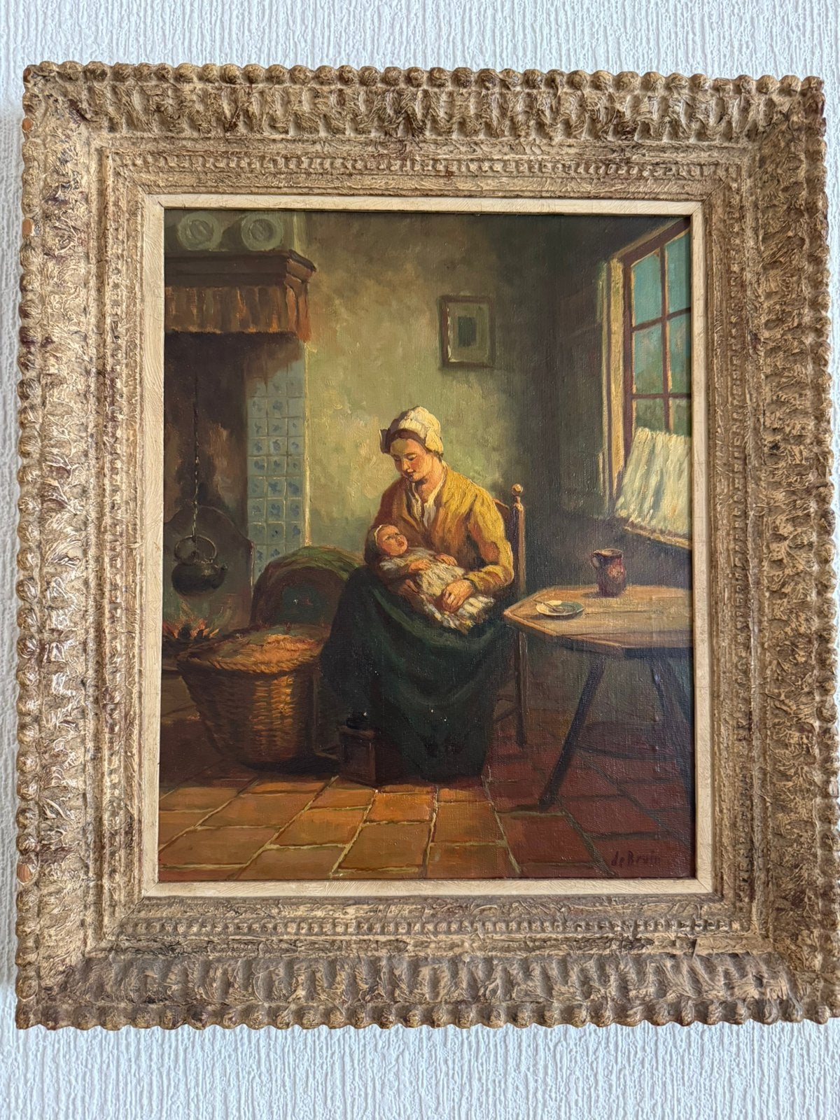 Schilderij moeder met kind gesigneerd de Bruin inclsierlijst, Ophalen