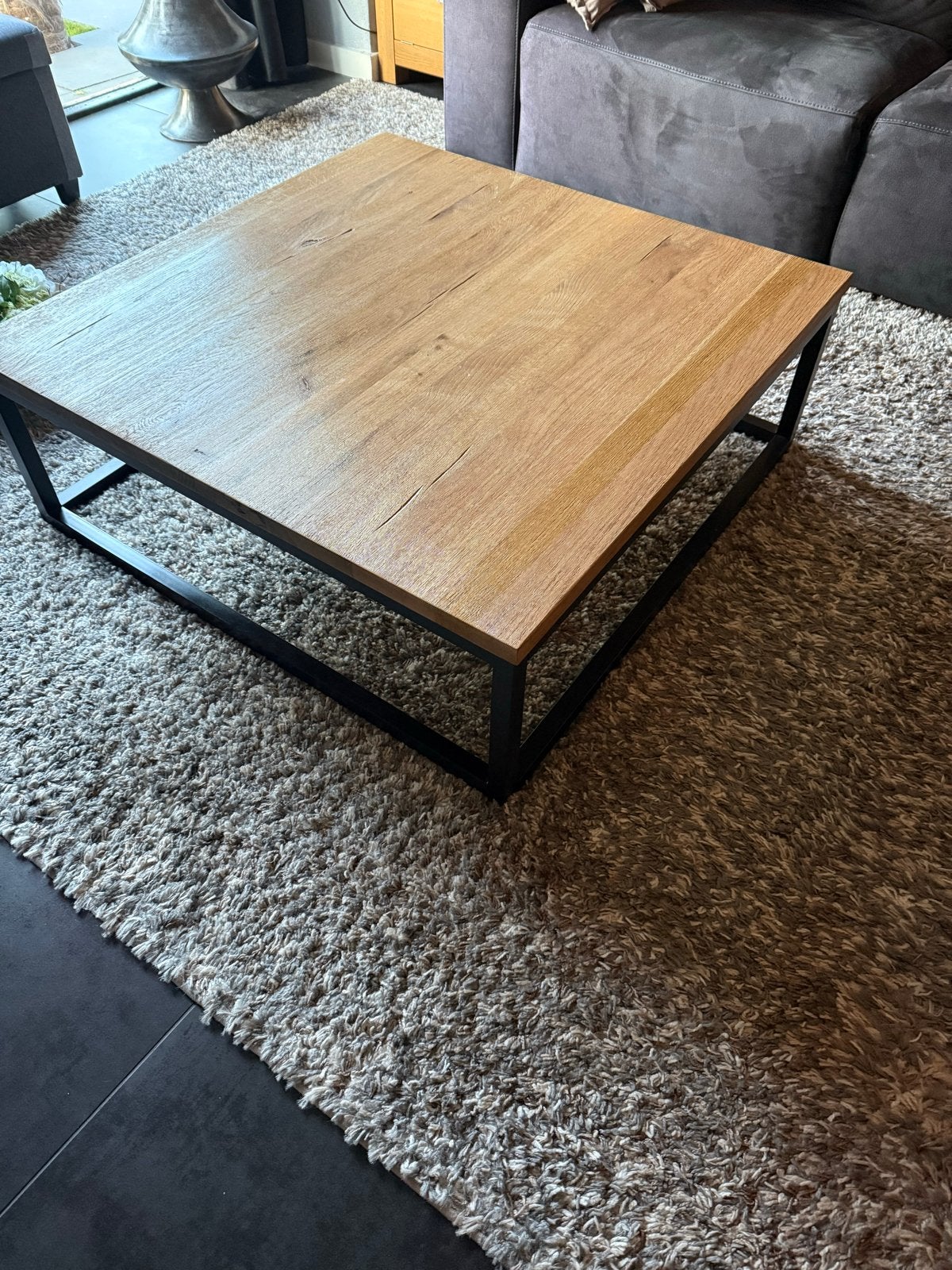 Salontafel 1x1 meter met houten blad en metalen onderstel, Ophalen, Vierkant, 50 tot 100 cm, Zo goed als nieuw