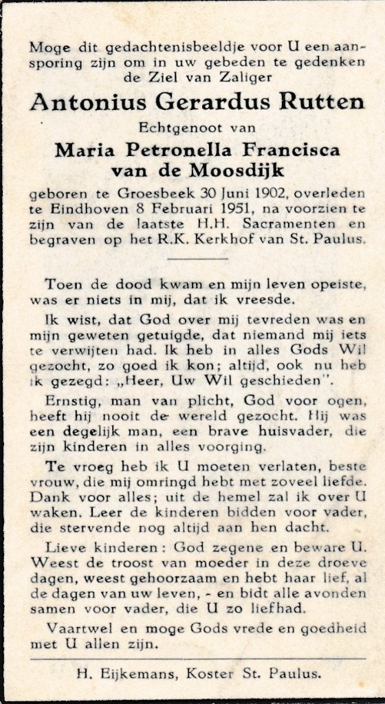 Rutten Antonius 1902 Groesbeek 1951 Eindhoven, Ophalen of Verzenden, Bidprentje