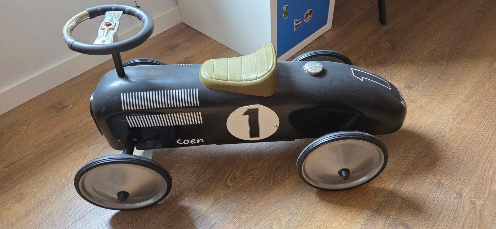 Retro Loopauto Zwart met Nummer 1 - Vintage Stijl, Ophalen, Gebruikt, Loopvoertuig