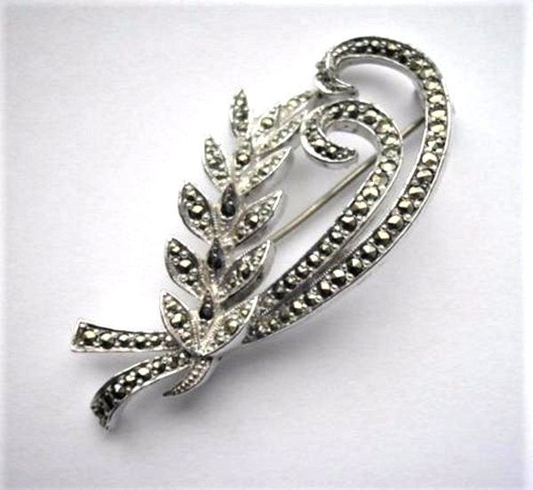 Vintage Sphinx designbroche 40s Korennaar Blad met Markasiet, Ophalen, Zo goed als nieuw, Zilver, Overige materialen