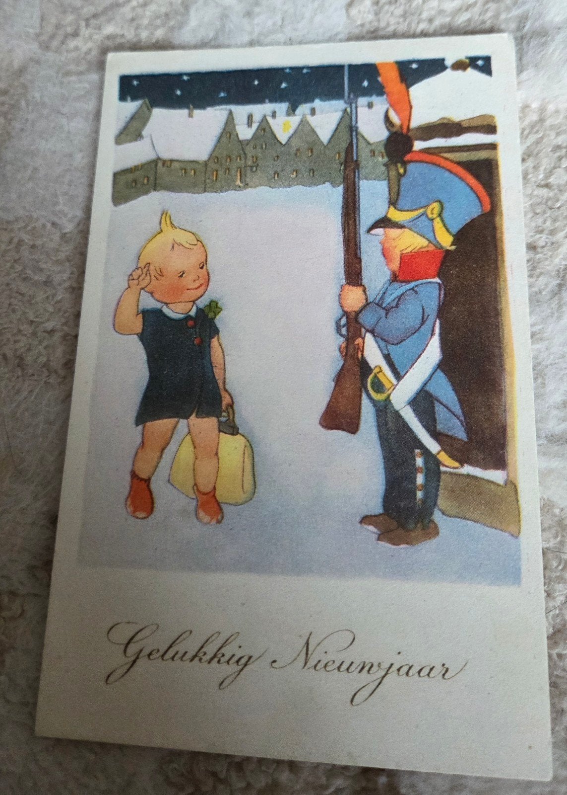 Oude Nieuwjaarskaart 1938 - Kindje groet soldaat, Verzenden, 1920 tot 1940, Gelopen, Feest(dag)