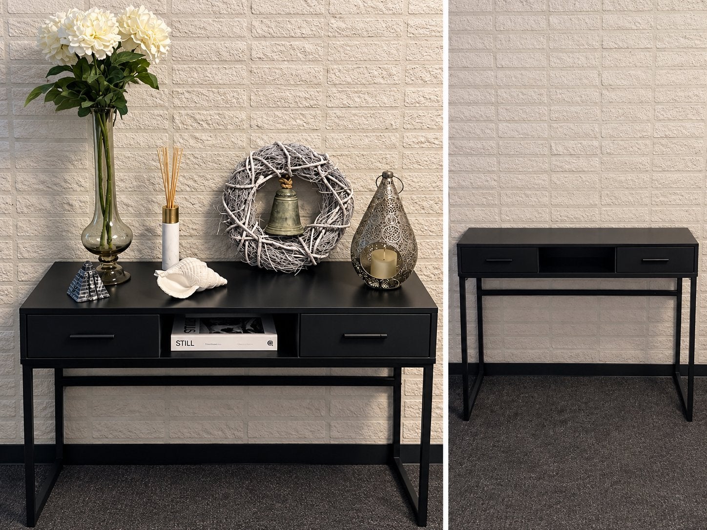 Zwarte sidetable met lades en open vak, Ophalen, Metaal of Aluminium, Zo goed als nieuw, 75 cm of meer