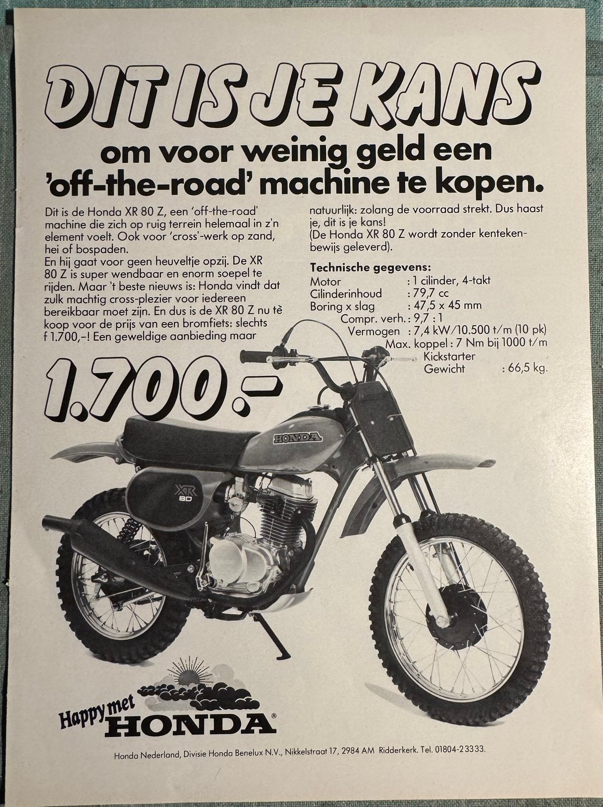 Advertentie Honda XR80 Z, Verzamelen, Verzenden, Zo goed als nieuw, Motoren