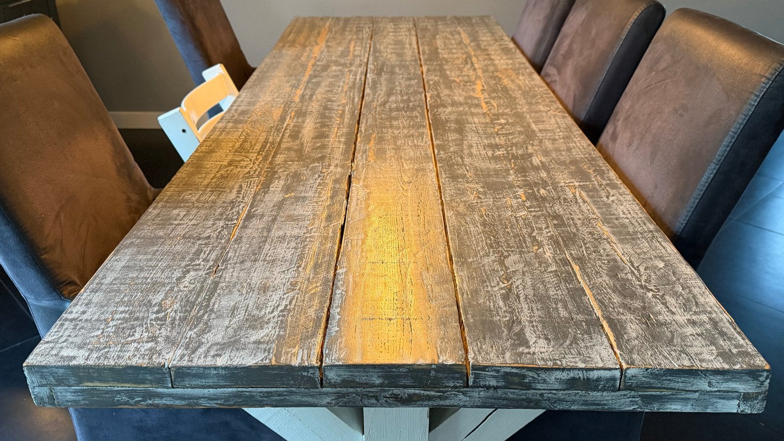 Robuuste  eettafel 230x83 cm met eiken houten poten, Ophalen, Gebruikt, Eikenhout, 200 cm of meer