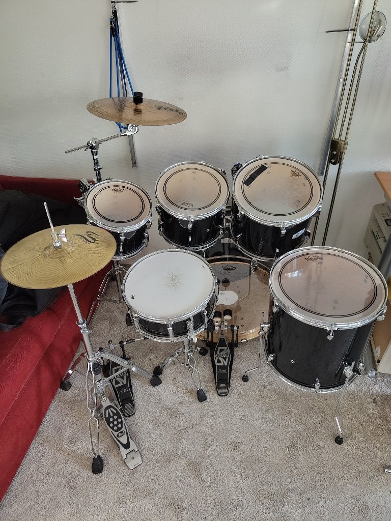 Pearl Export 6-piece, incl twinpedal, bekkens, dempers, tas, Ophalen, Gebruikt, Pearl