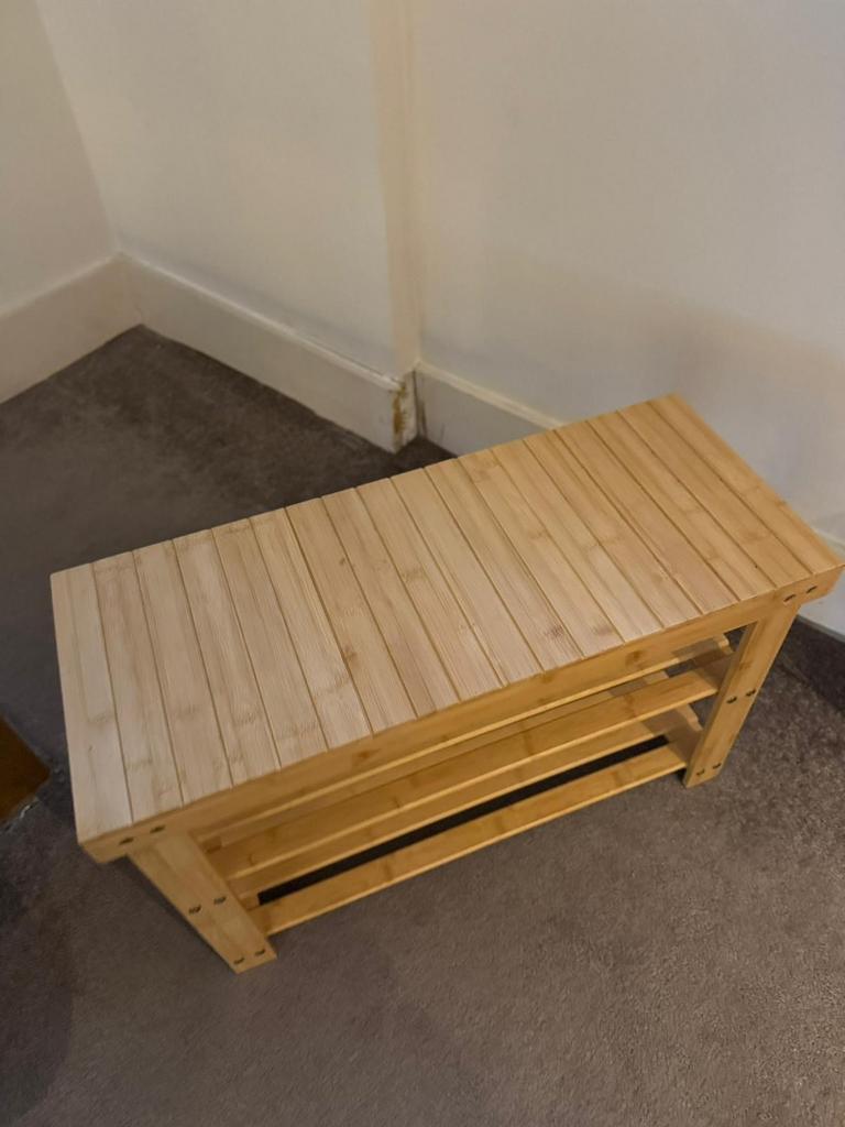 Bamboe schoenenbankje 70x45x28cm, Huis en Inrichting, Ophalen of Verzenden, Gebruikt
