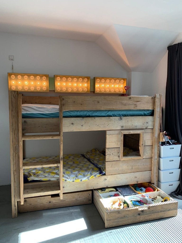 Stoer steigerhout stapelbed, inclusief matrassen, Ophalen, Tweepersoons, Minder dan 160 cm, Overige maten