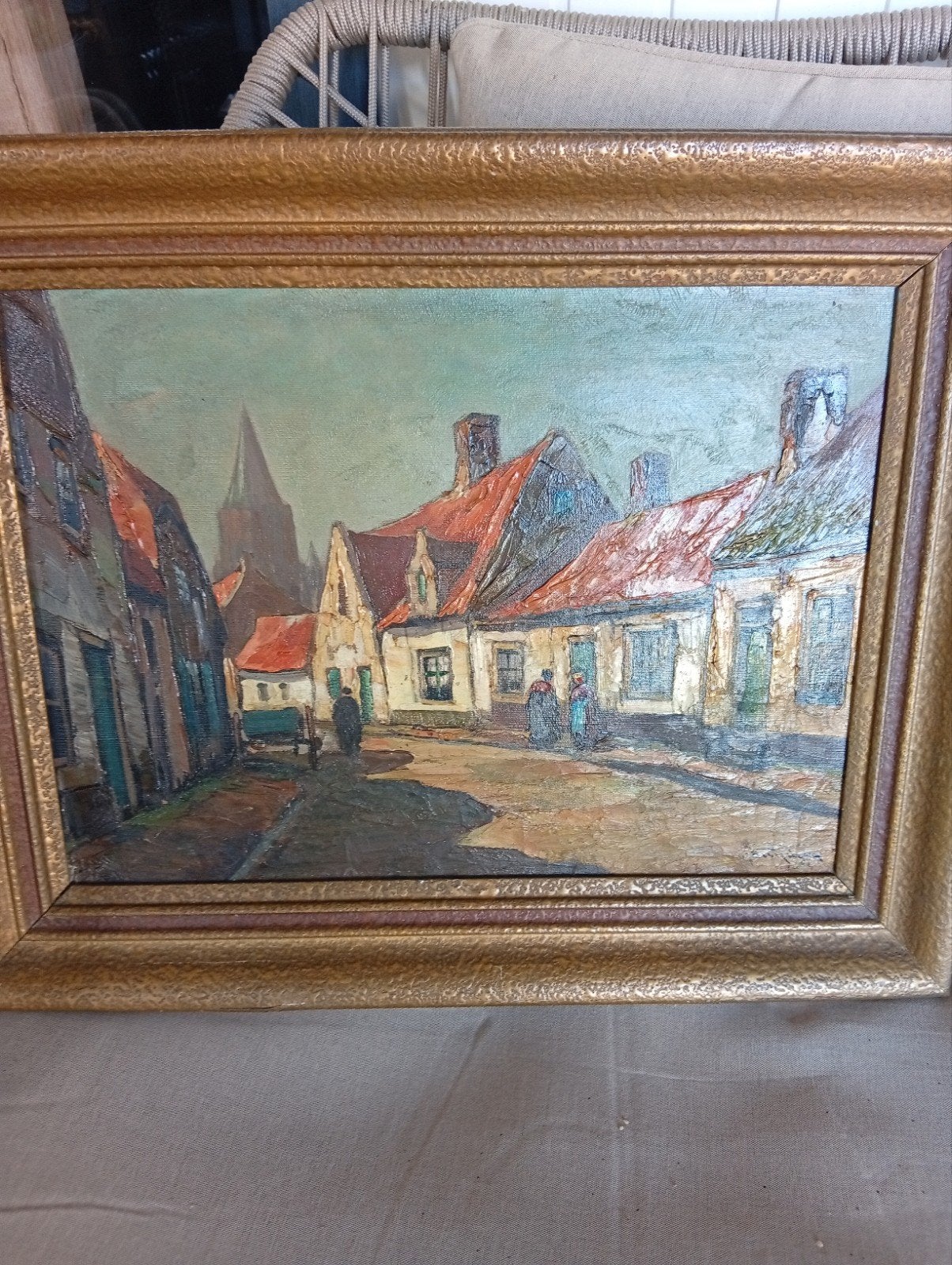 Olieverfschilderij Stadsgezicht met Figuren, Ophalen of Verzenden