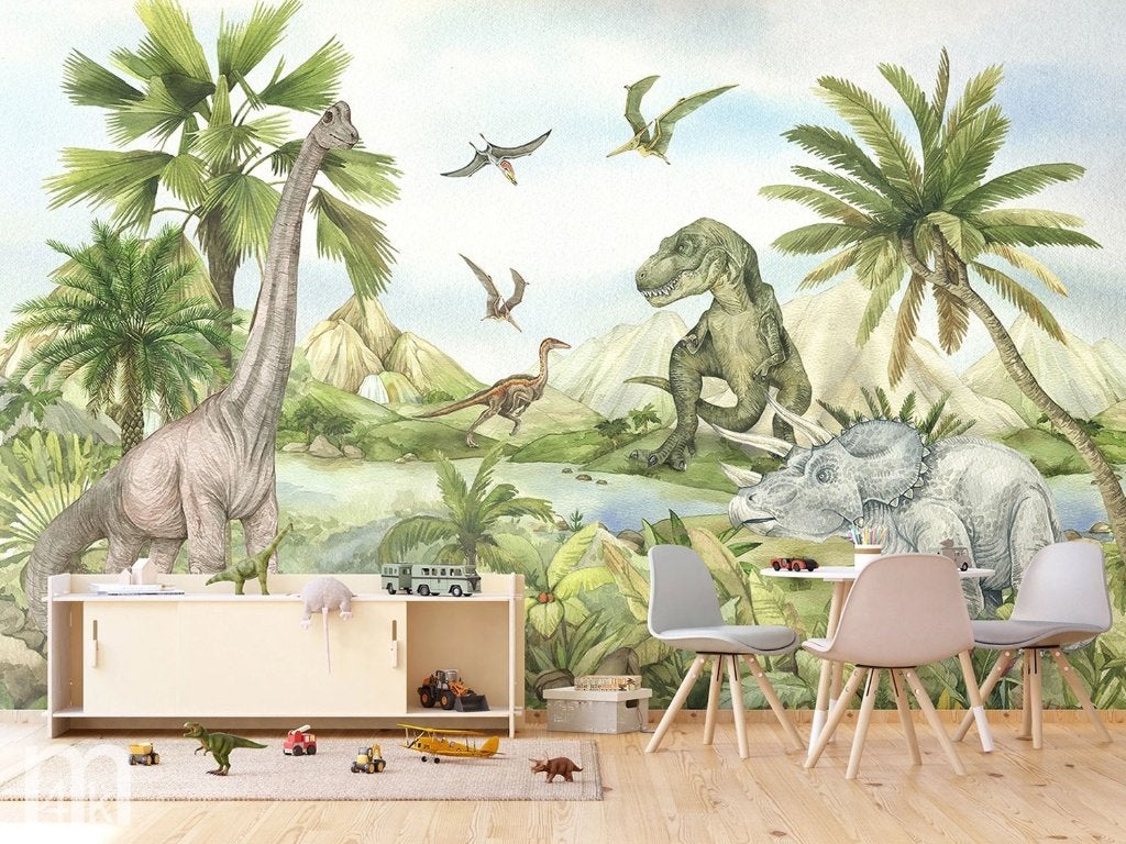 Dinosaurus vliesbehang Dinoland - 300x270cm - Muurdeco4kids, Verzenden, Nieuw