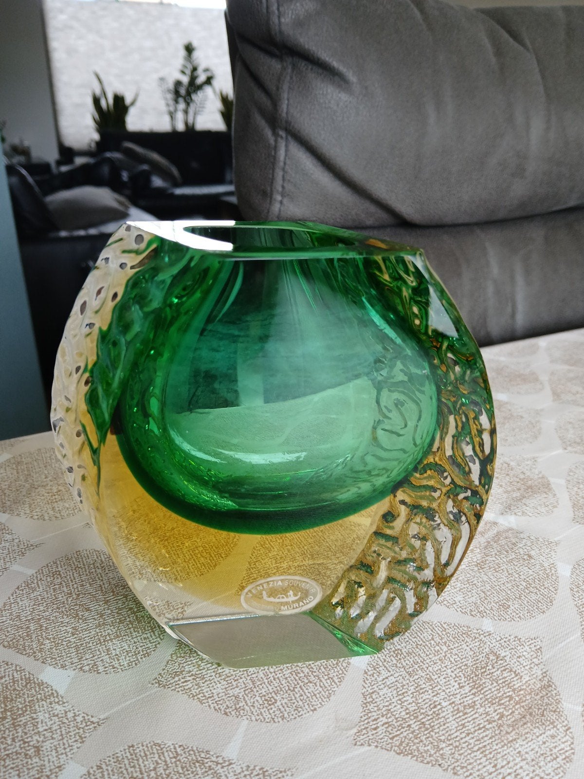 Prachtige Murano Kristallen Vaas - Groen/Goud, Antiek en Kunst, Ophalen of Verzenden