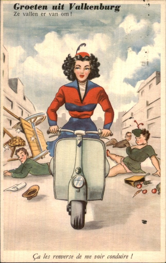 Valkenburg - Vrouw op scooter - Mensen vallen om, Ophalen of Verzenden, 1940 tot 1960, Gelopen, Limburg