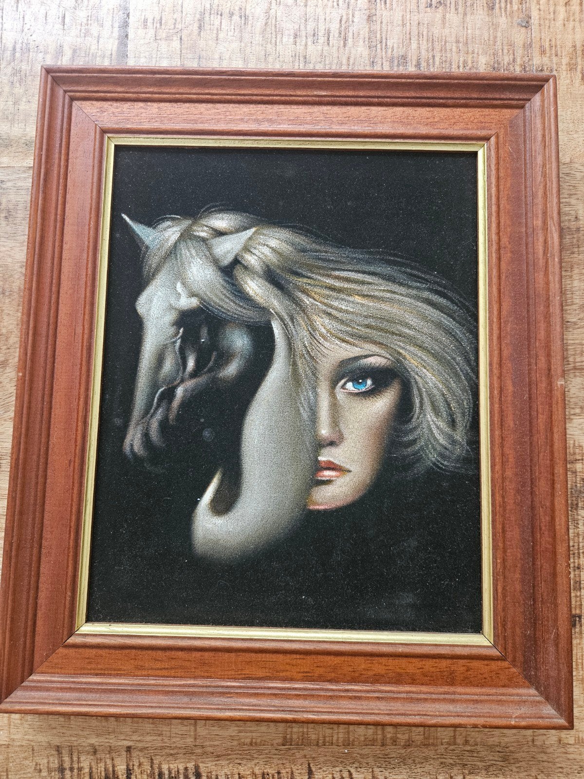 Vintage Fluweel Schilderij: Vrouw & Paard (Jaren '70/'80), Ophalen of Verzenden