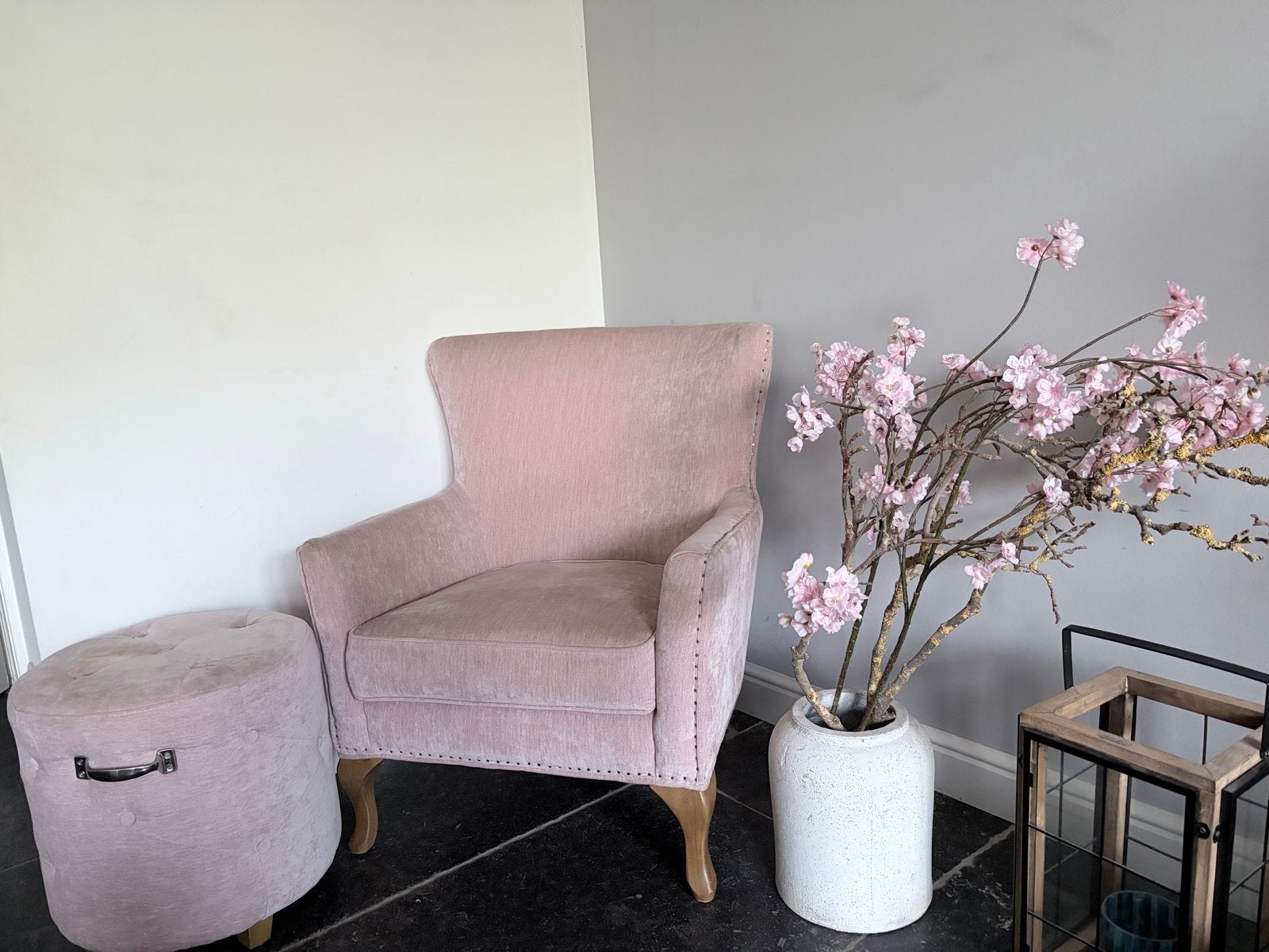 Riviera Maison fauteuil en poef - Roze, Huis en Inrichting, Fauteuils, Ophalen, Gebruikt, Stof, 75 tot 100 cm