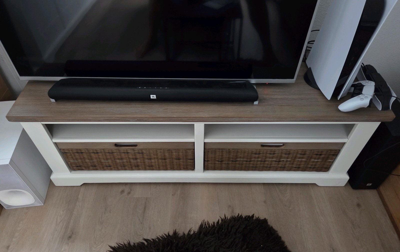 Landelijk tv-meubel wit met acaciahout 145x43x50 cm, Ophalen, Gebruikt, 100 tot 150 cm, Landelijk