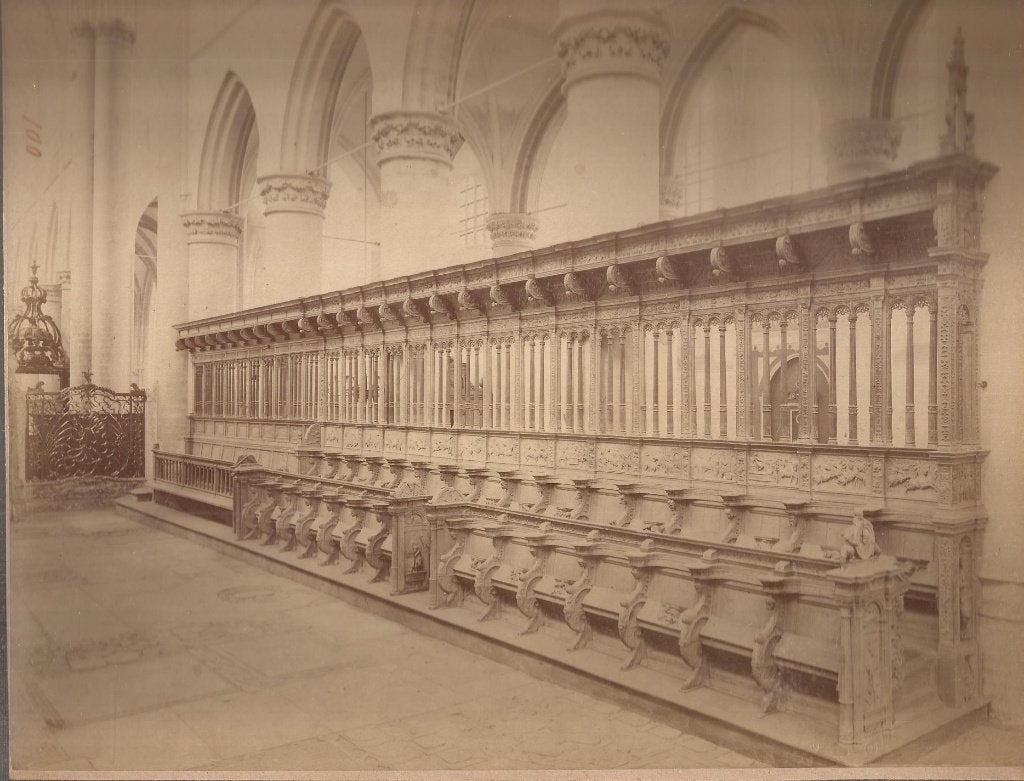 Koorbanken in de Grote Kerk te Dordrecht ca. 1890 Albumine, Ophalen of Verzenden, Foto, Fotografie, Handgemaakt