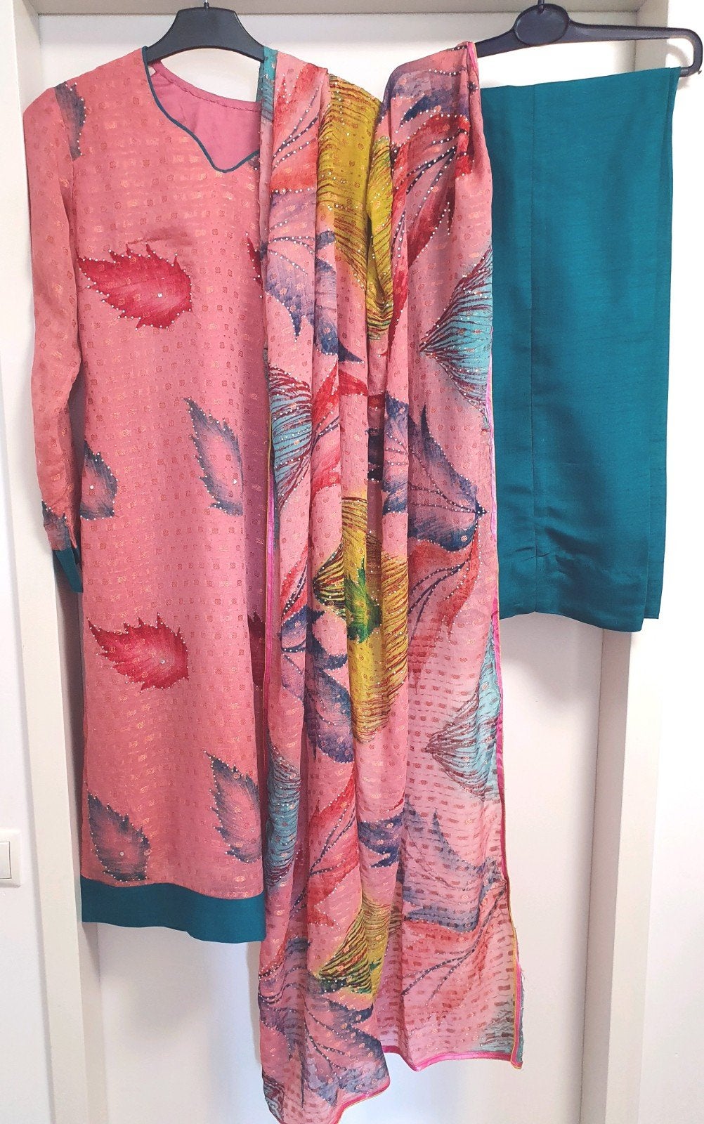 Roze turquoise 3-delig Indiaas/Afghaans Pak - 1x gedragen, Ophalen of Verzenden, Zo goed als nieuw, Maat 36 (S), Roze