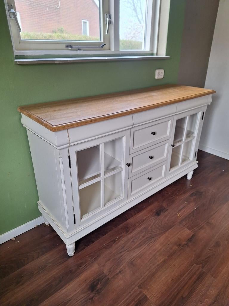 Brocante dressoir met glazen deurtjes kast keuken servies, Ophalen, Gebruikt, Met deur(en), 150 tot 200 cm