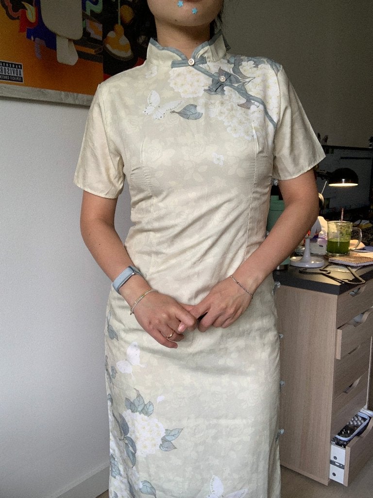 Chinese Qipao Cheongsam Midi Dress, Beige, Nieuw, Ophalen of Verzenden, Maat 36 (S)