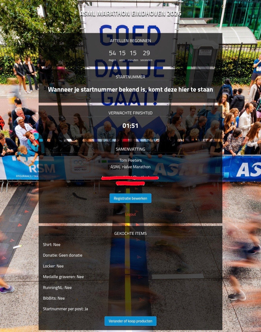 ASML halve marathon Eindhoven ticket, Tickets en Kaartjes, Eén persoon, Oktober