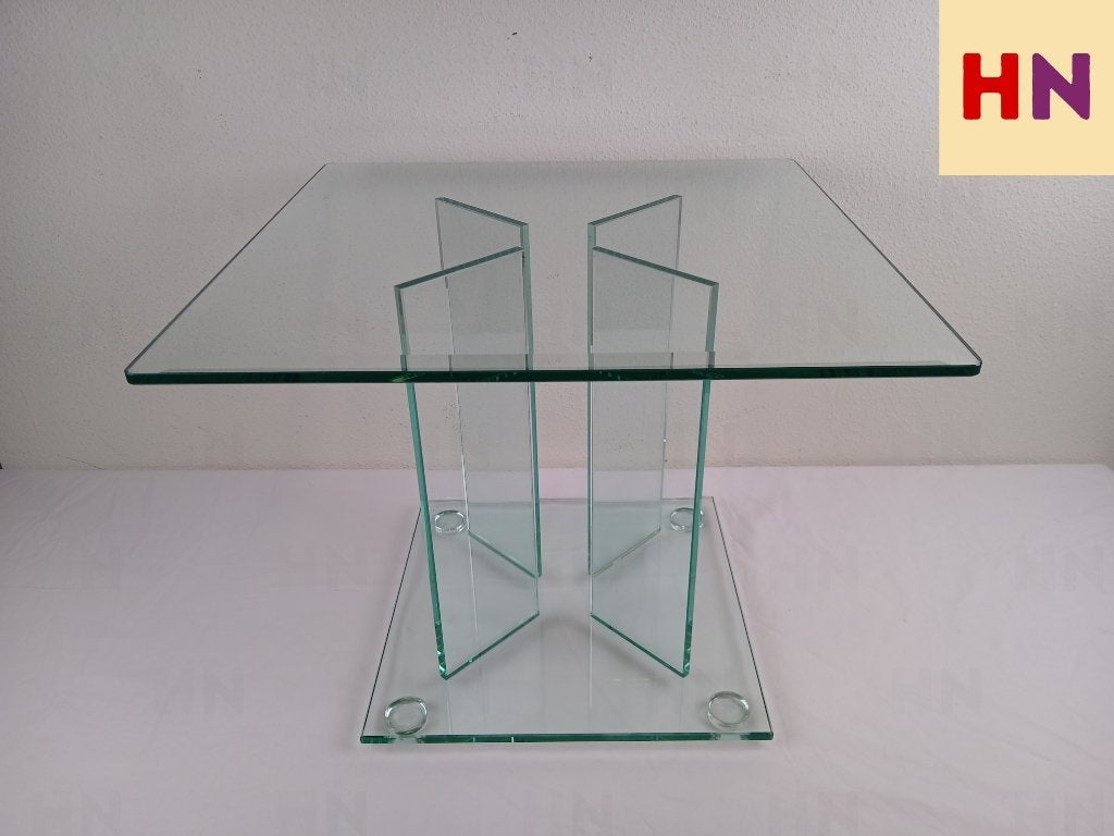 Postmodern 80s Glazen Bijzettafel (Stijl Leon Rosen/Ghyczy), 45 tot 60 cm, Minder dan 55 cm, Vierkant, Postmodern