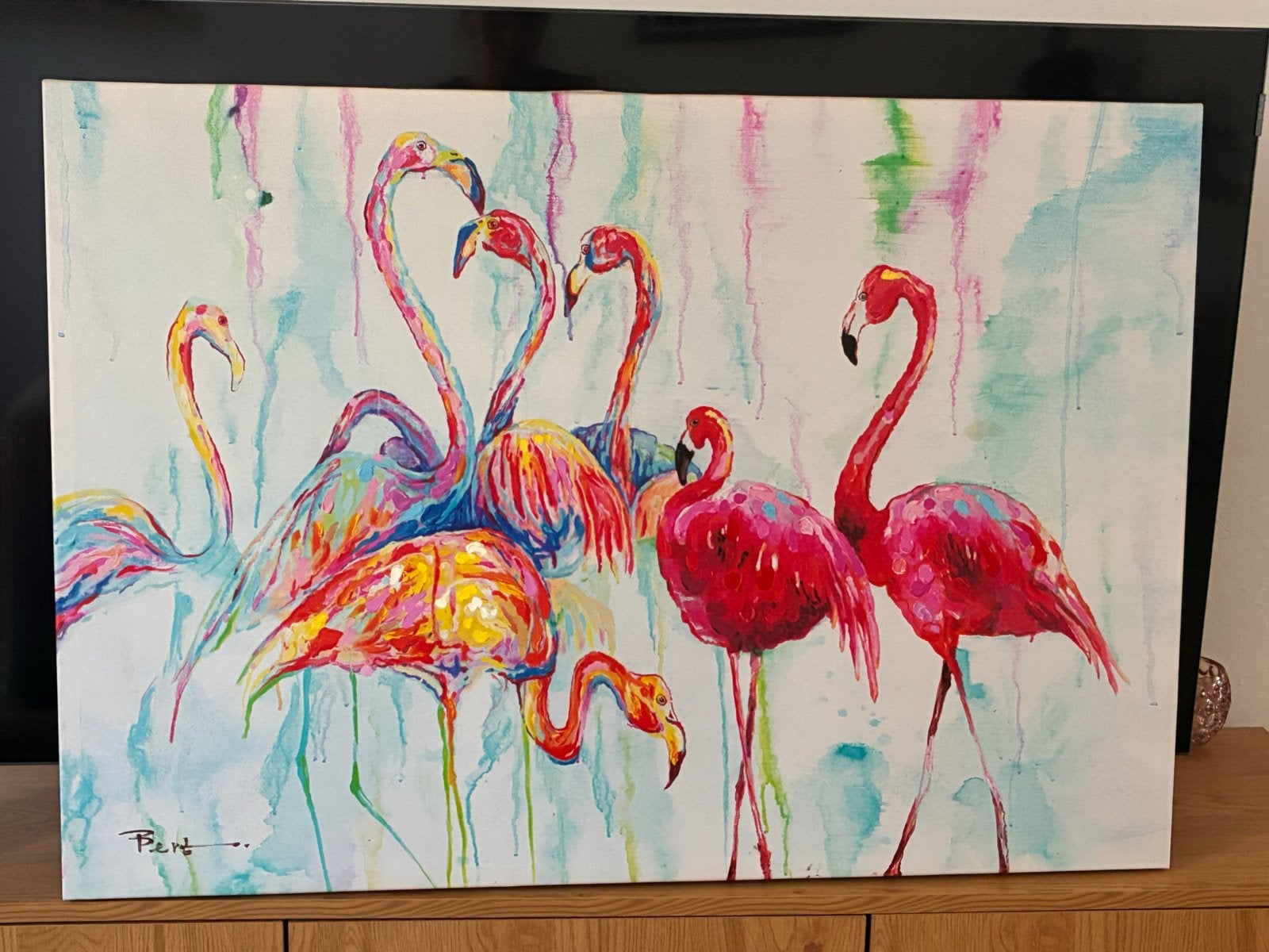 Kleurrijk Flamingo Schilderij - Canvas 1.00 x 0.70 m, Antiek en Kunst, Ophalen, Acrylverf, Dieren, Gesigneerd