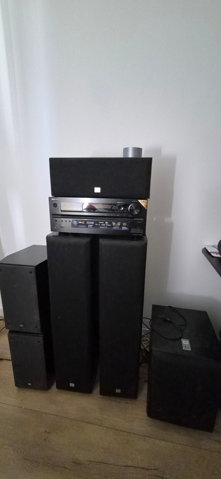 JBL Speakerset met Onkyo Receiver en Subwoofer, Gebruikt, JBL, Speakerset, Geschikt voor surround/home cinema