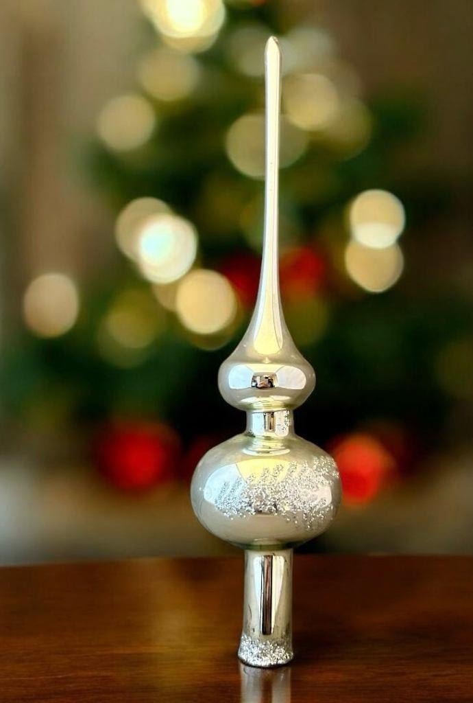 Vintage glas kerstboom piek zilver kleur met glitters., Diversen, Kerst, Ophalen of Verzenden, Gebruikt