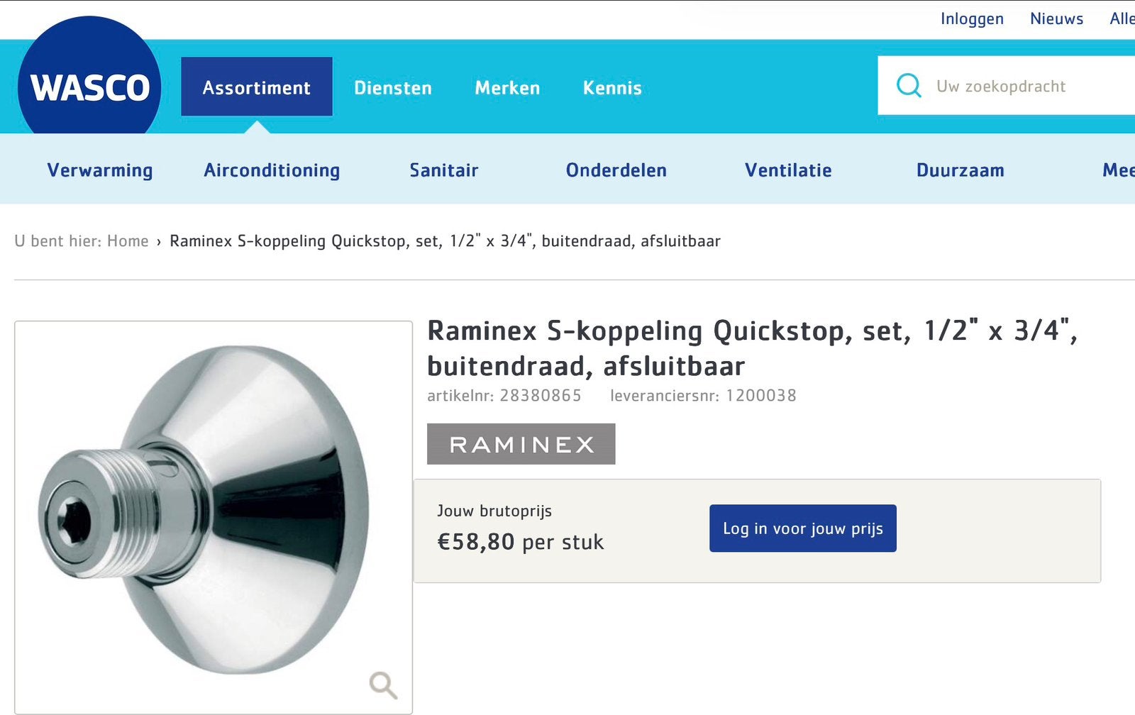 Raminex S-koppeling Quickstop, set, 1/2" x 3/4", buitendraad, Ophalen, Zo goed als nieuw, Douche