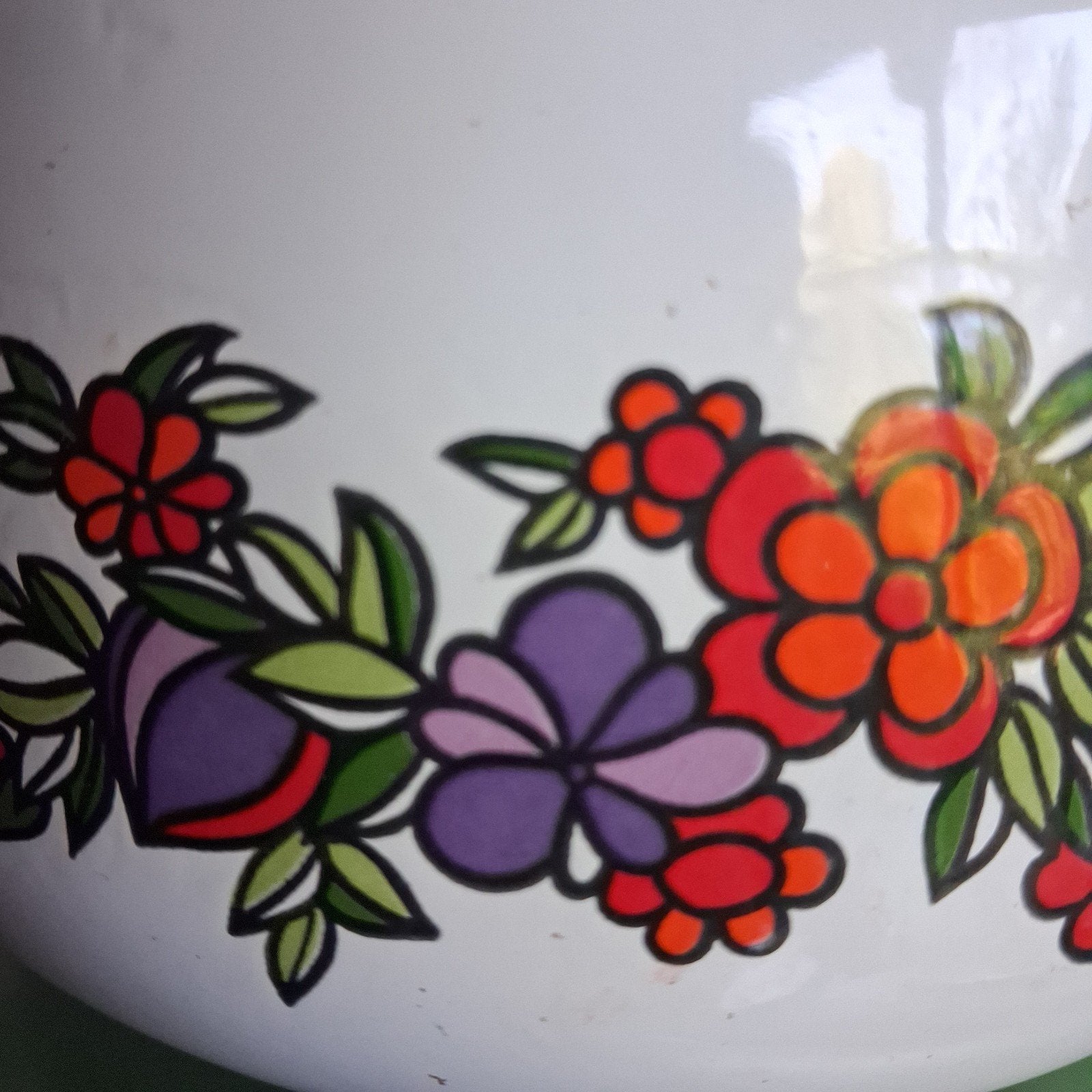 Vintage emaille steelpan met bloemmotief en houten handvat, Ophalen of Verzenden