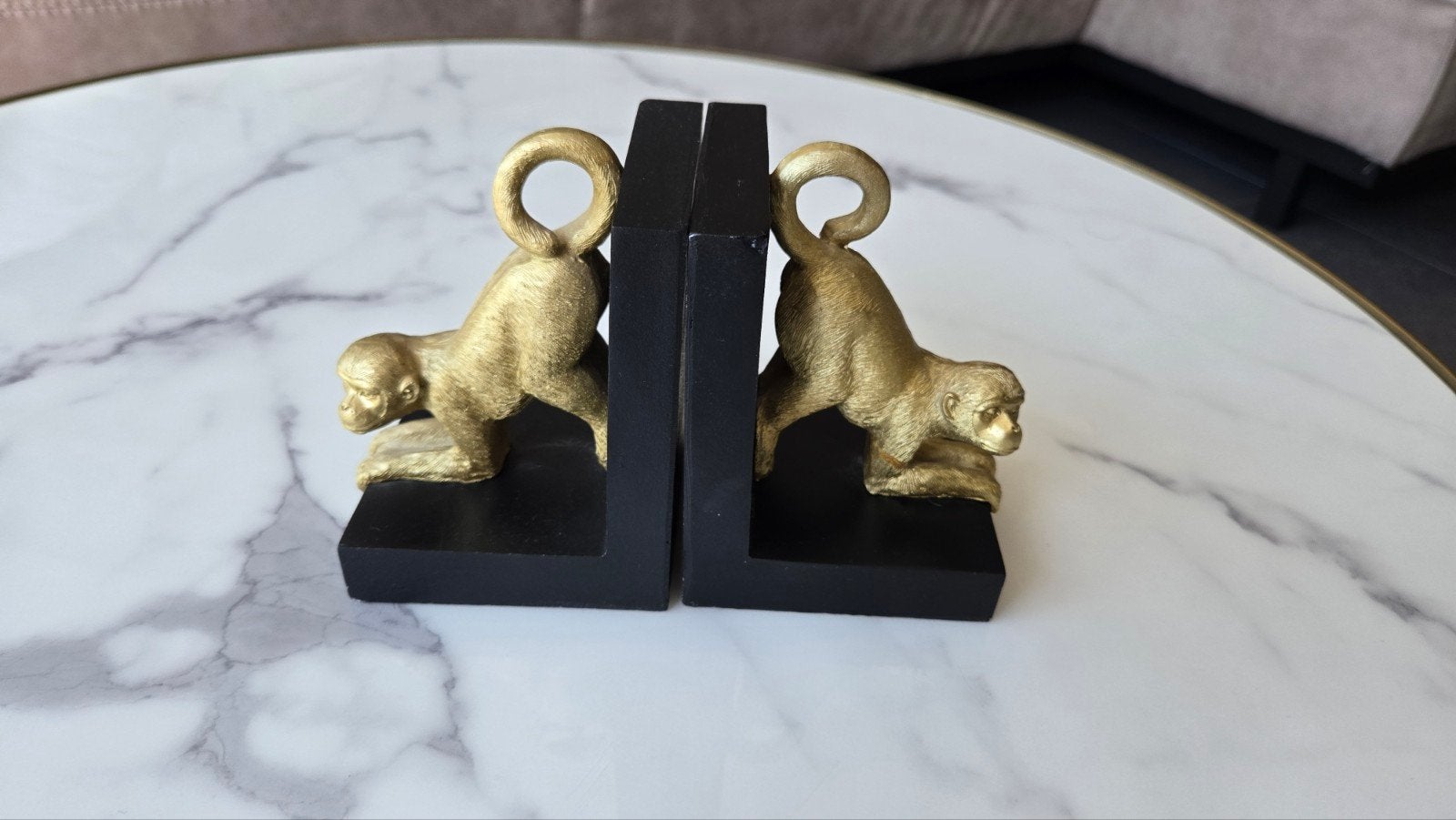 Zwarte boekensteunen met gouden apen, Huis en Inrichting, Woonaccessoires | Overige, Zwart, Boho, Ophalen of Verzenden, Zo goed als nieuw