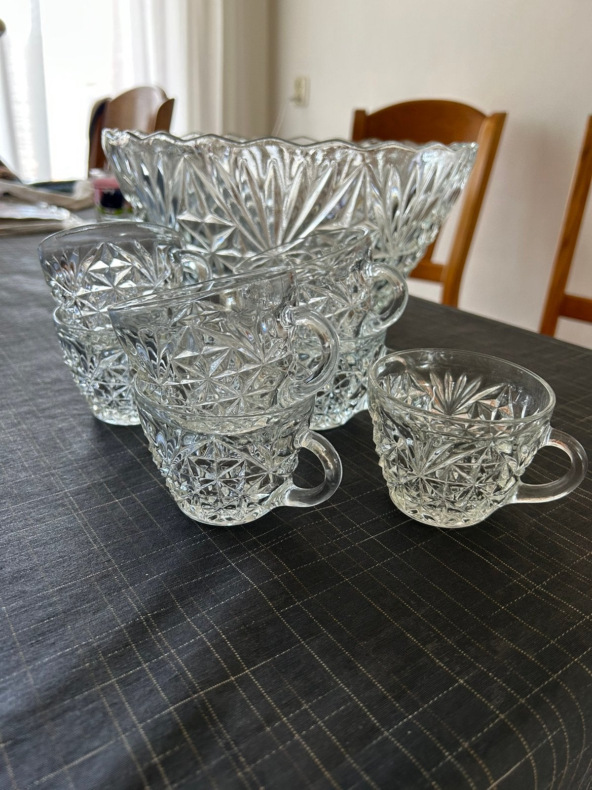 Vintage Glazen Punch Bowl Set - 70cm Schaal met Kopjes, Ophalen of Verzenden