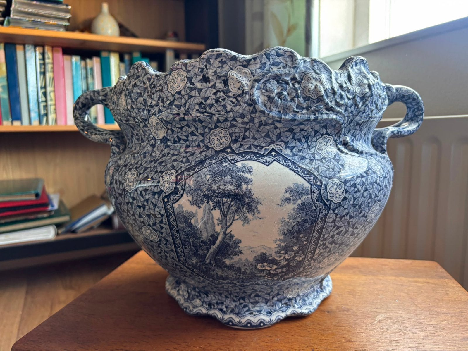 Antieke Villeroy & Boch bloempot met blauw-wit decor, Ophalen