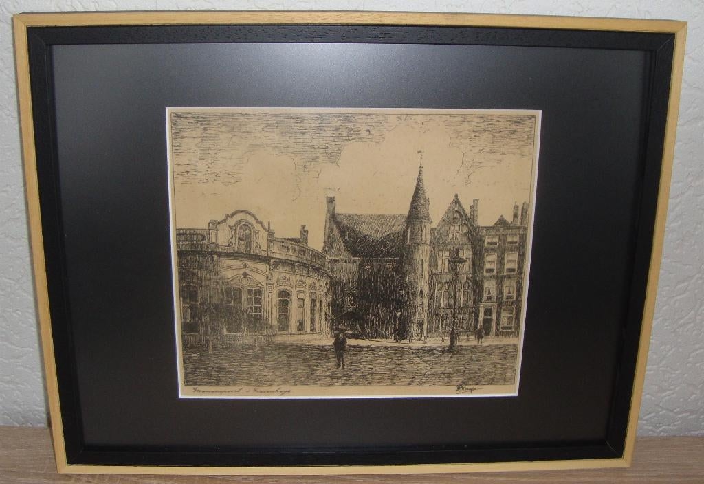 s'Gravenhage , gevangenispoort - Dongen 1900-1944 ingelijst, Antiek en Kunst, Kunst | Etsen en Gravures, Ophalen of Verzenden