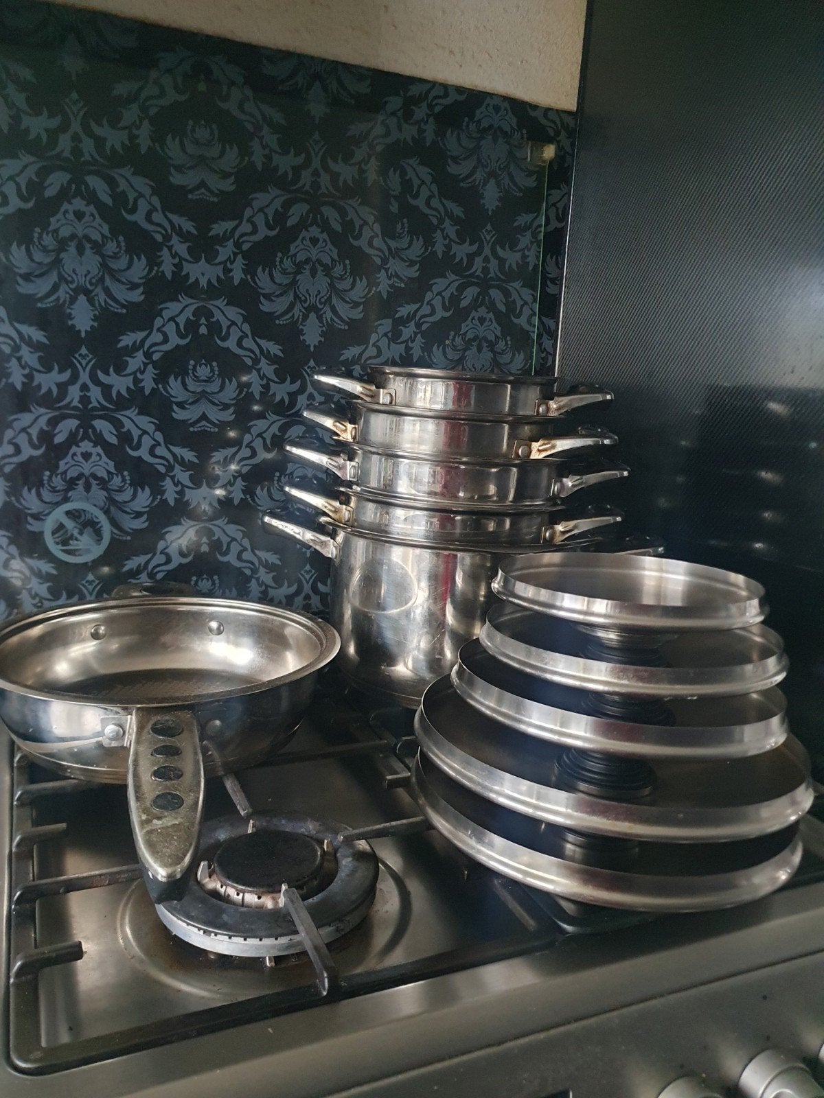 Pannenset 11-delig €50,-, Ophalen, Gebruikt, Pannenset, Rvs