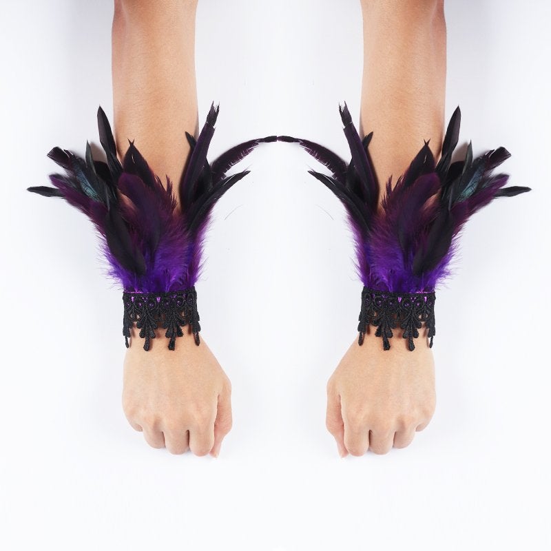 Paarse veren dames handschoenen victoriaanse burlesque punk, Verzenden, Nieuw, Handschoenen, Hoed of Pet