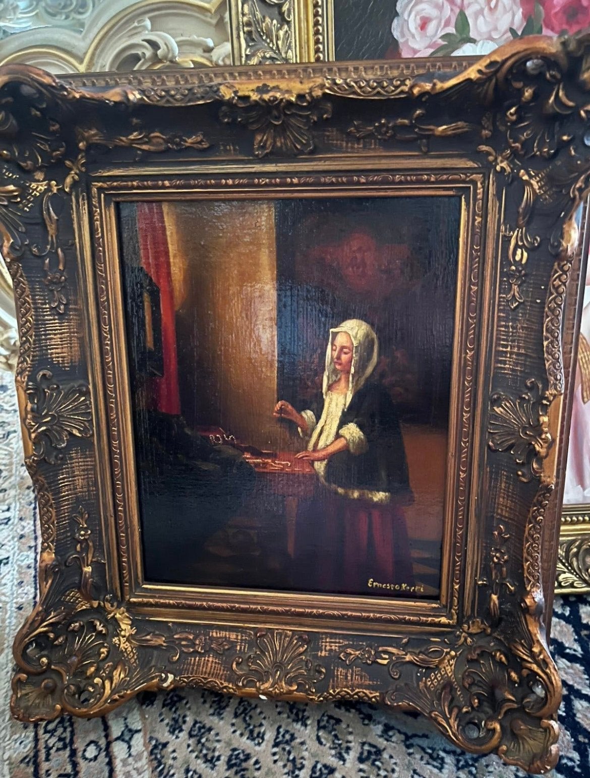 Olieverf portret goud weegsterin, Ophalen