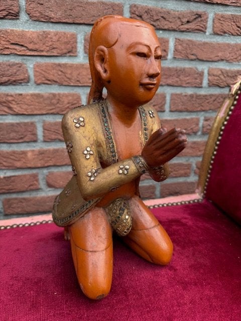 oud Thais beeld, aanbidding van de Boeddha, Hout, Ophalen of Verzenden, Handgemaakt, Houtsnijwerk