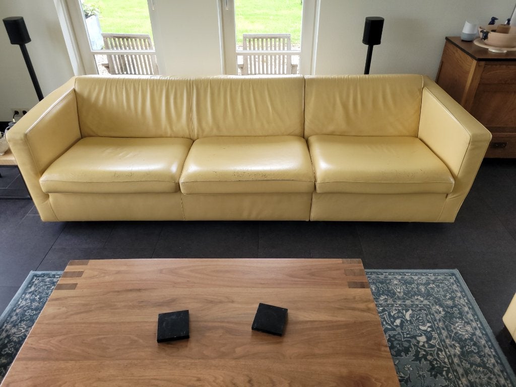 Hulshof design Kahos Banana leren bank + 2 fauteuils, Ophalen, Modern design, Gebruikt, Driepersoons