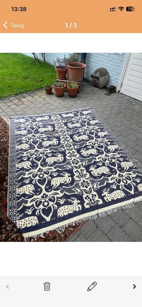 Vintage Wollen Deken met Hertenpatroon - Blauw/Crème, Blauw, 150 tot 200 cm, Bohemian, Ophalen of Verzenden