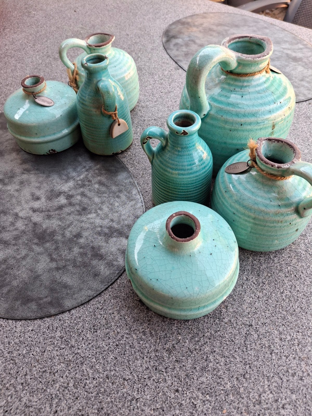 Set van 7  Riverdale vazen/kruiken in turquoise craquelé, Ophalen