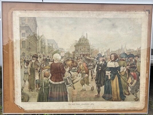 Oude schoolplaat van de Dam in Amsterdam, Antiek en Kunst, Antiek | Schoolplaten, Ophalen of Verzenden, Geschiedenis